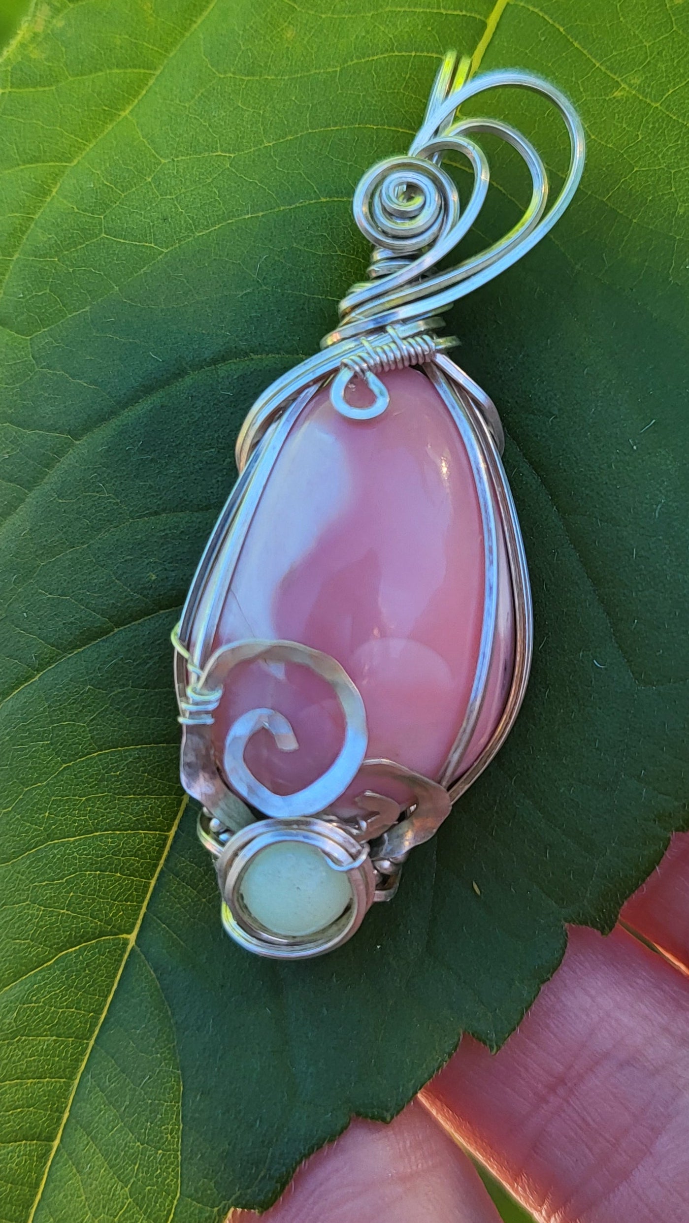 Oregon Pink Opal Glow Stone / .925 Sterling Silver Wire Wrap Pendant