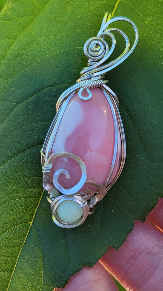 Oregon Pink Opal Glow Stone / .925 Sterling Silver Wire Wrap Pendant