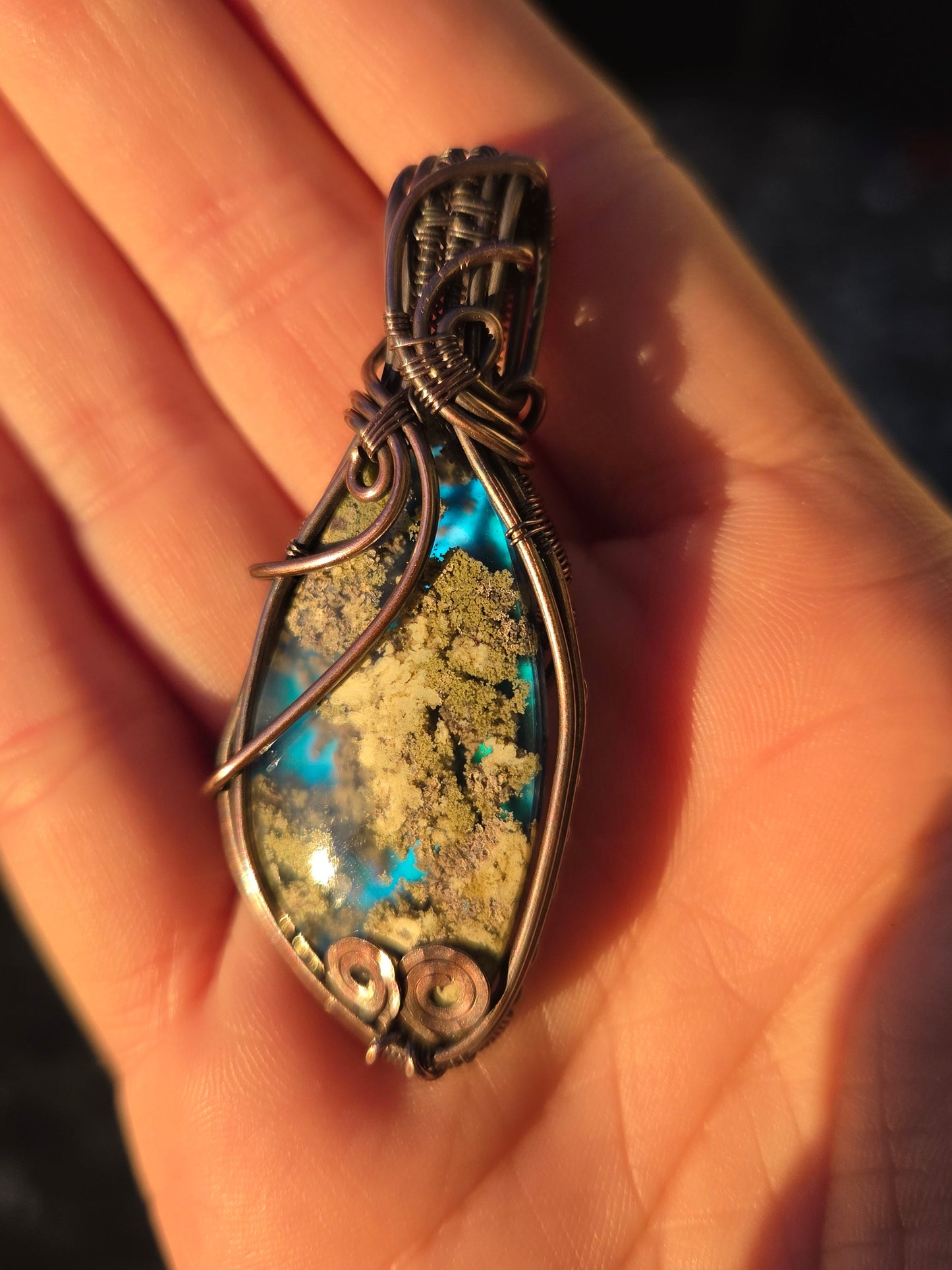 Moss Agate Aurora Opal Doublet Copper Pendant