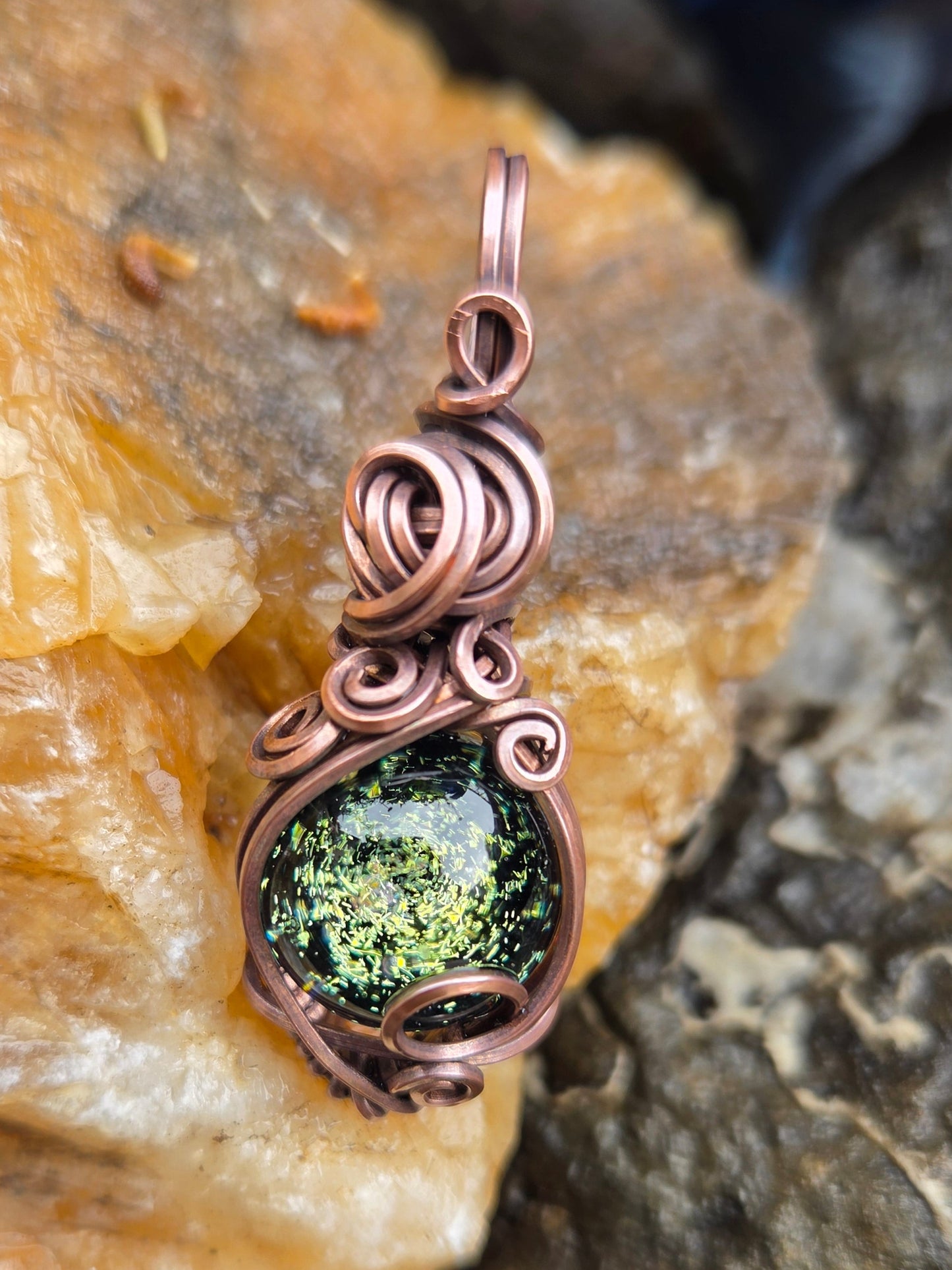 Green Dichro Marble Copper Wire Wrap Pendant