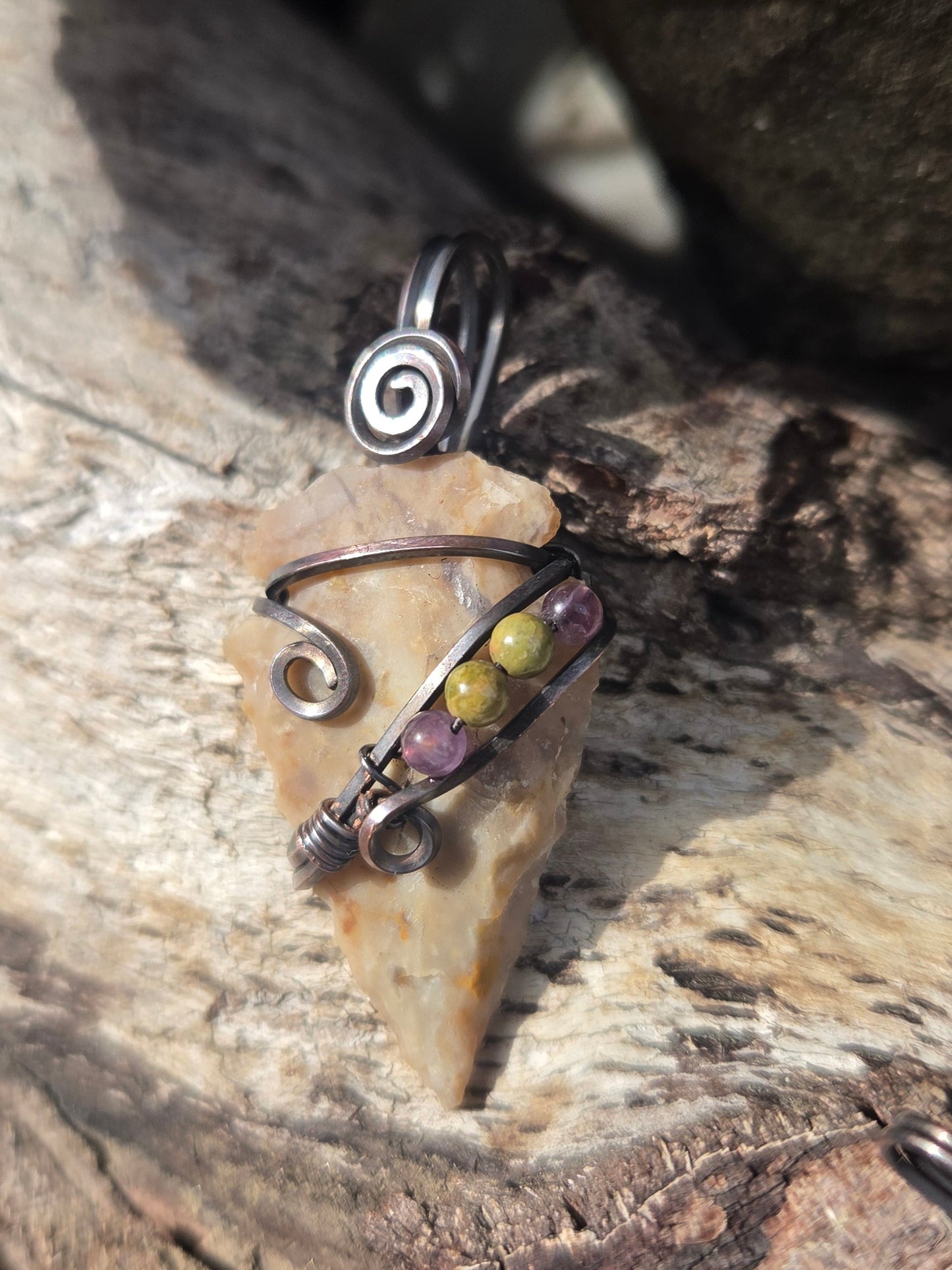 Chert Arrowhead Pendant w/ Amethyst & Unakite Bead Accents