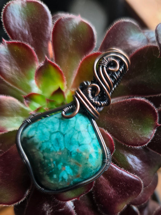 Fossilized Blue Coral Cabochon Copper Pendant