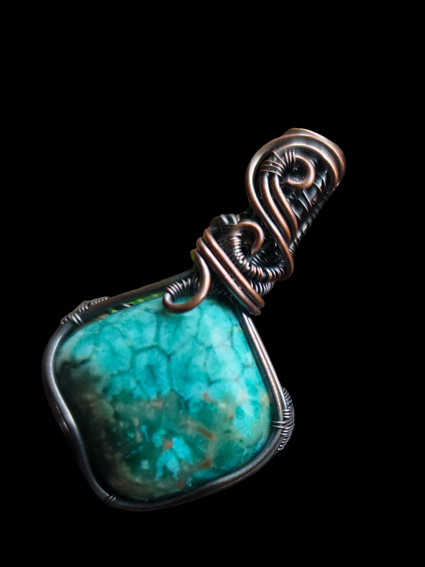 Fossilized Blue Coral Cabochon Copper Pendant