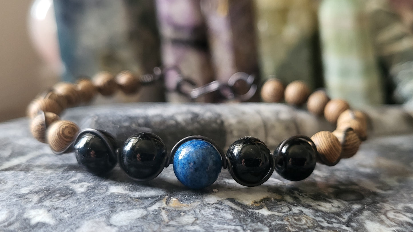 Copper Wire Wrap Stone & Wood Bead Bracelet Sz. 6.75