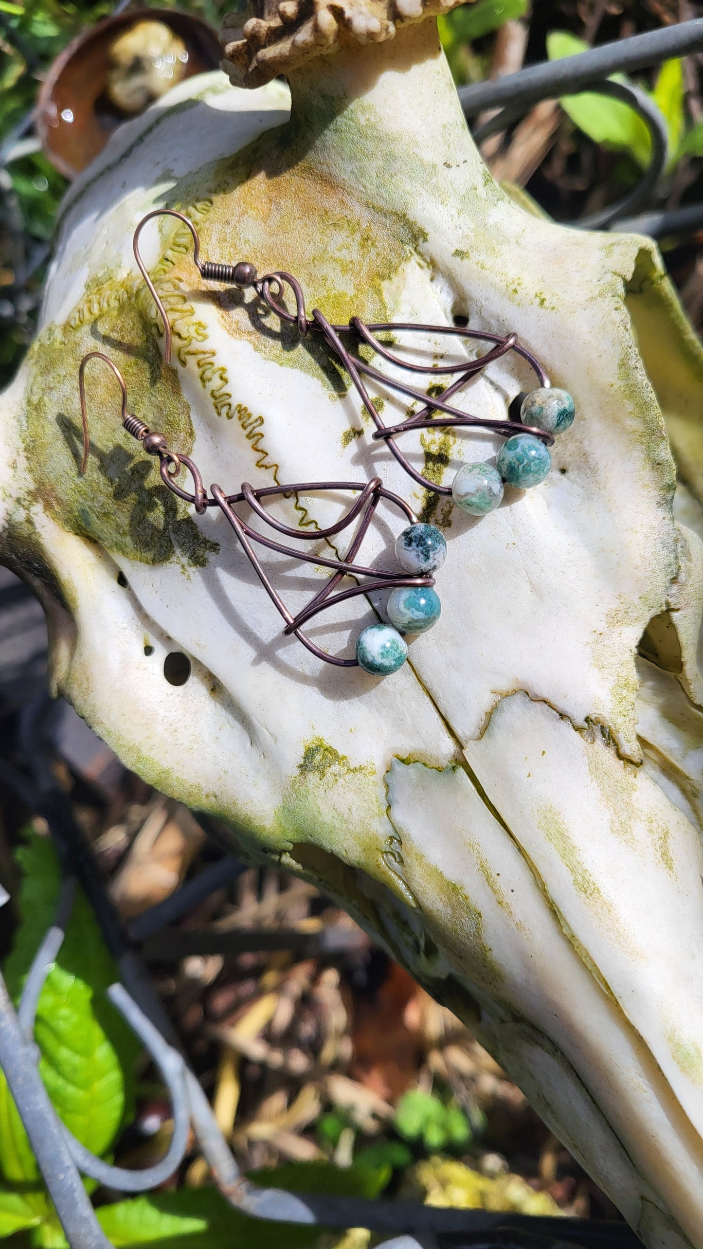 Moss Agate Oxidized Copper Wire Wrap Earrings