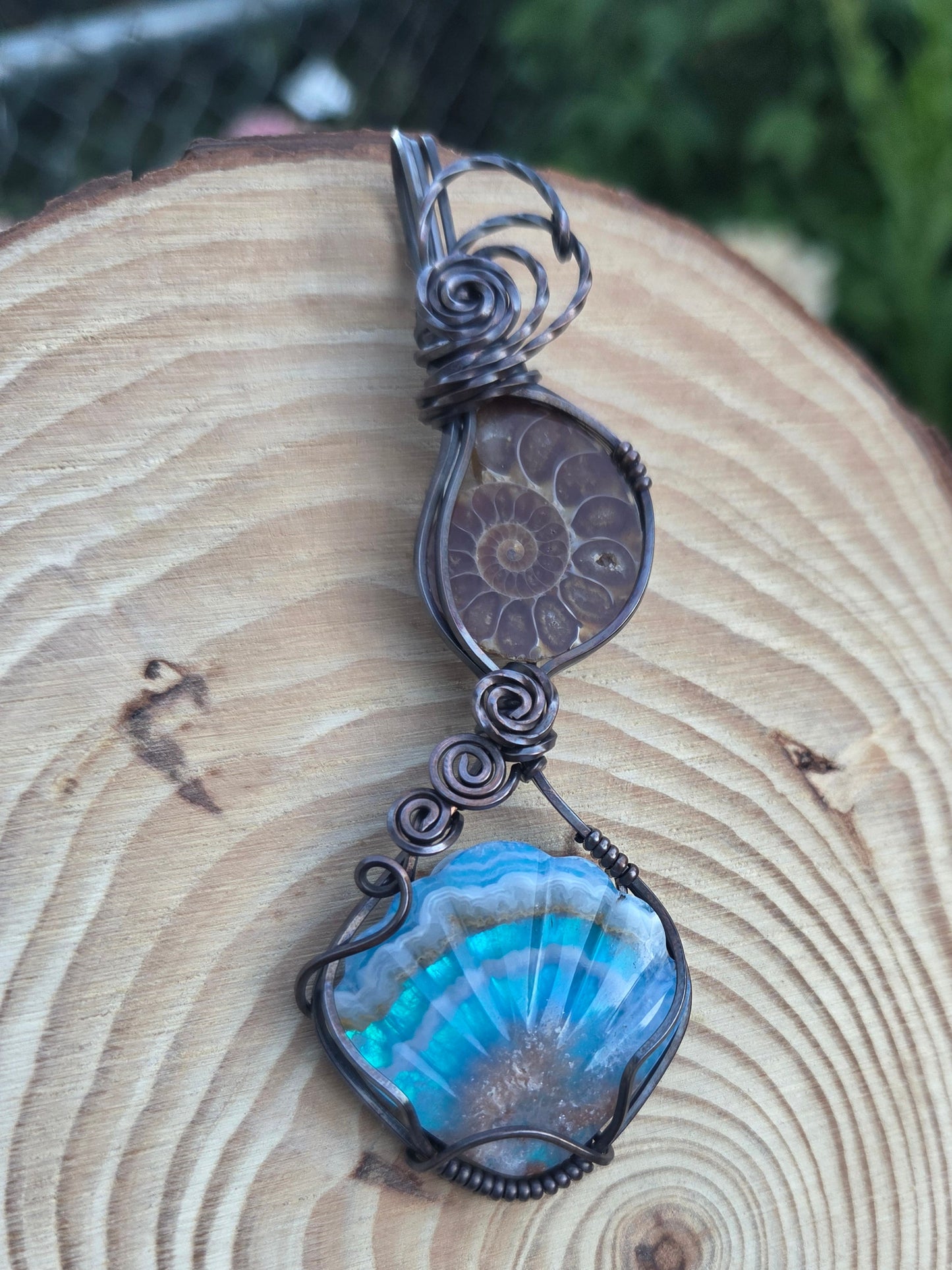 Ammonite Fossil & Plume Agate Aurora Opal Seashell Shaped Doublet Totem Pendant