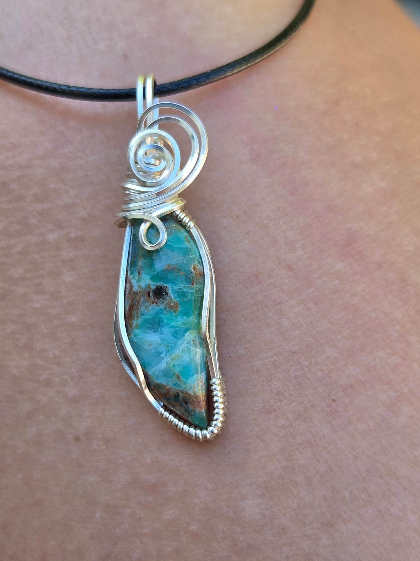 Chrysocolla  Silver Colored Copper Wire Wrap Pendant