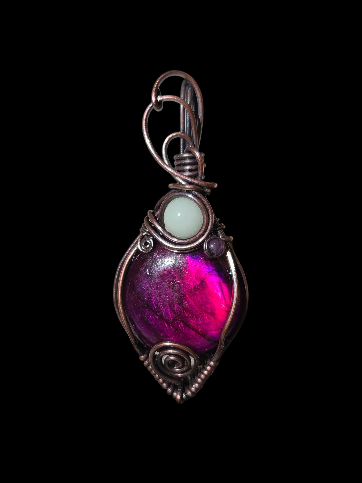 Megenta Enhanced Labradorite Copper Wire Wrap Pendant  w/ Blue Glow Stone and Amethyst Accents
