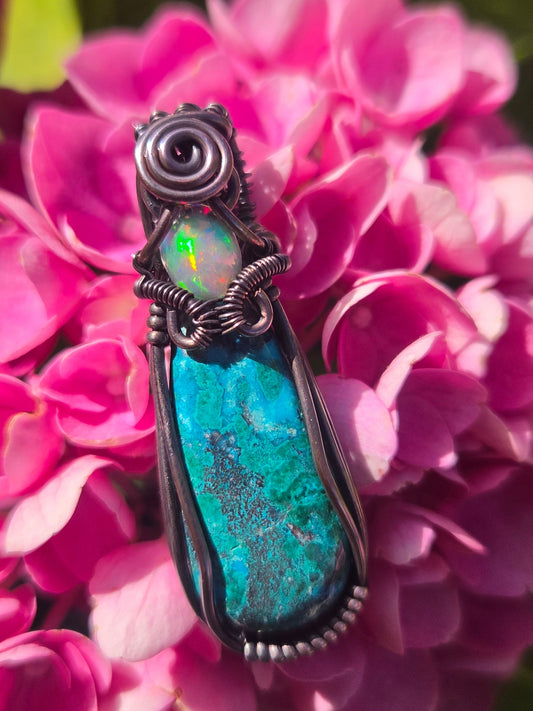 Chrysocolla/Malachite Copper Wire Wrap Pendant with Opal Accent