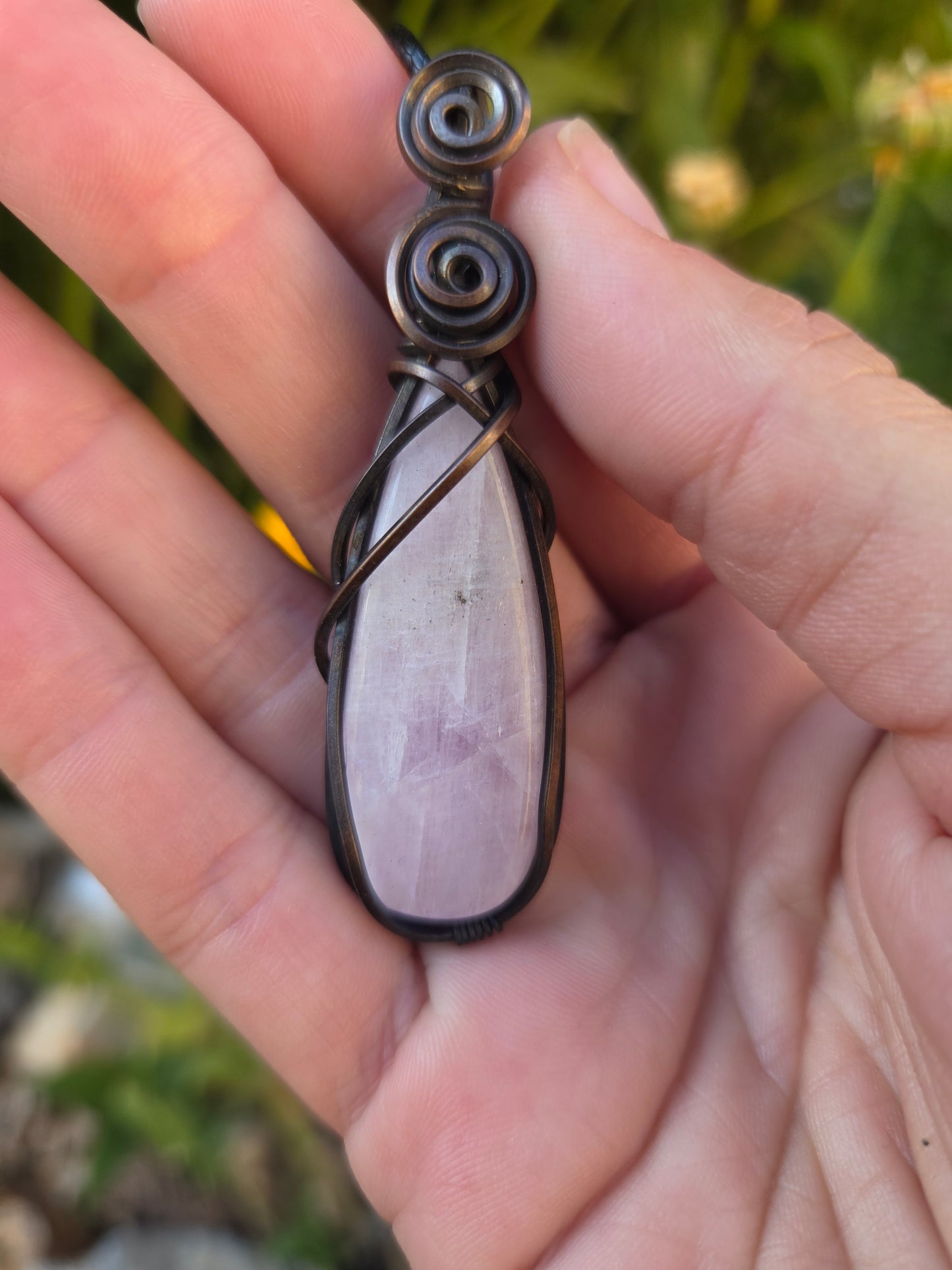 Oxidized Square Copper Wire Wrap Pendant Featuring Kunzite