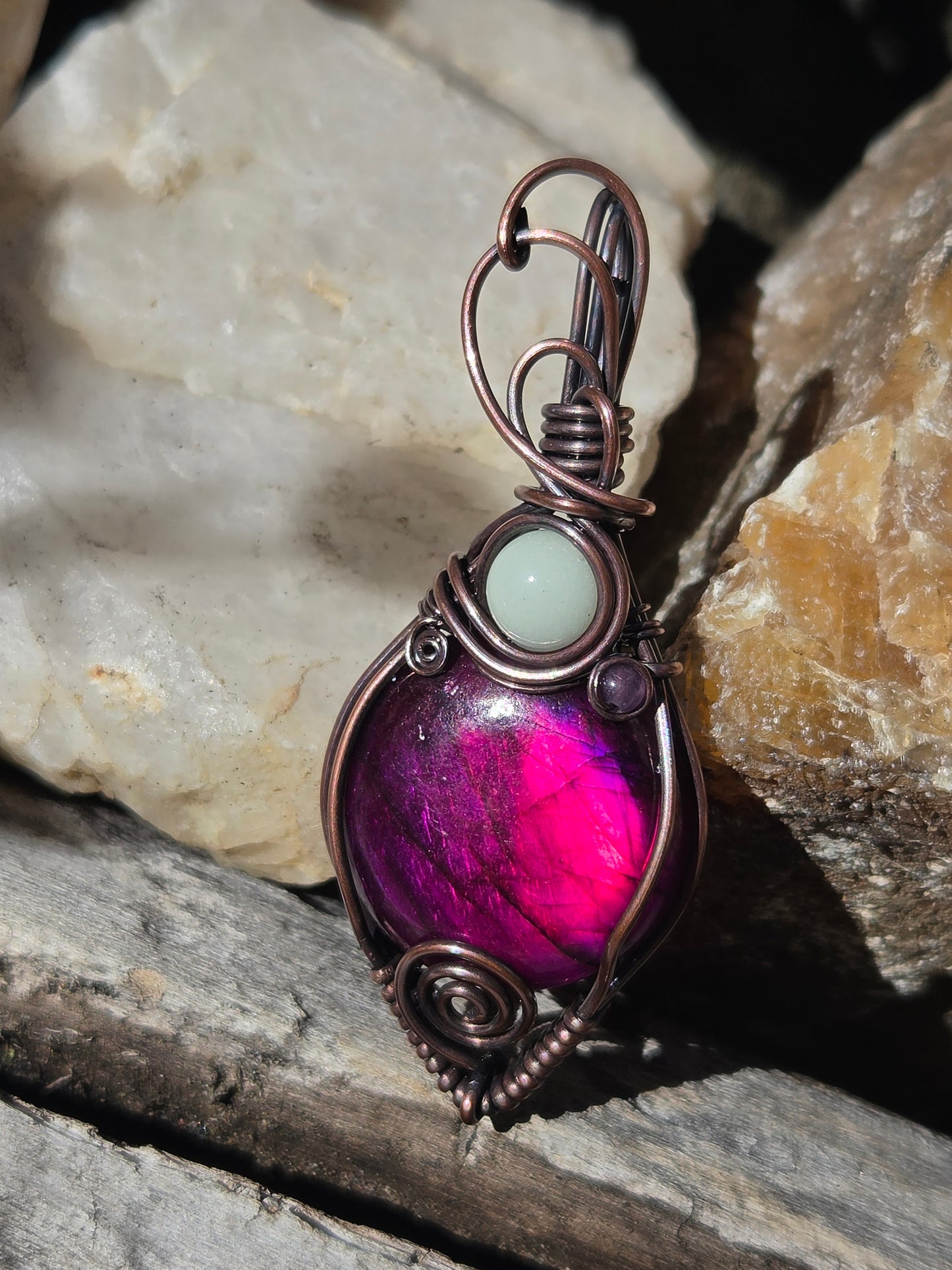 Megenta Enhanced Labradorite Copper Wire Wrap Pendant  w/ Blue Glow Stone and Amethyst Accents