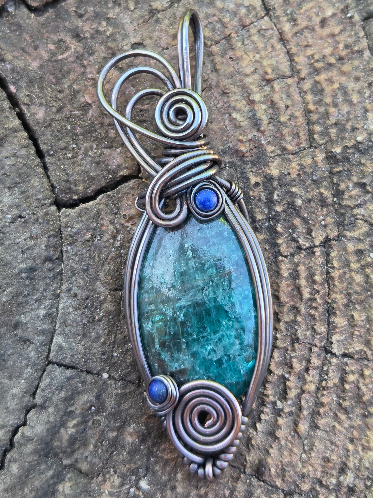 Blue Apatite Copper Wire Wrap Pendant with Lapis Lazuli Accents