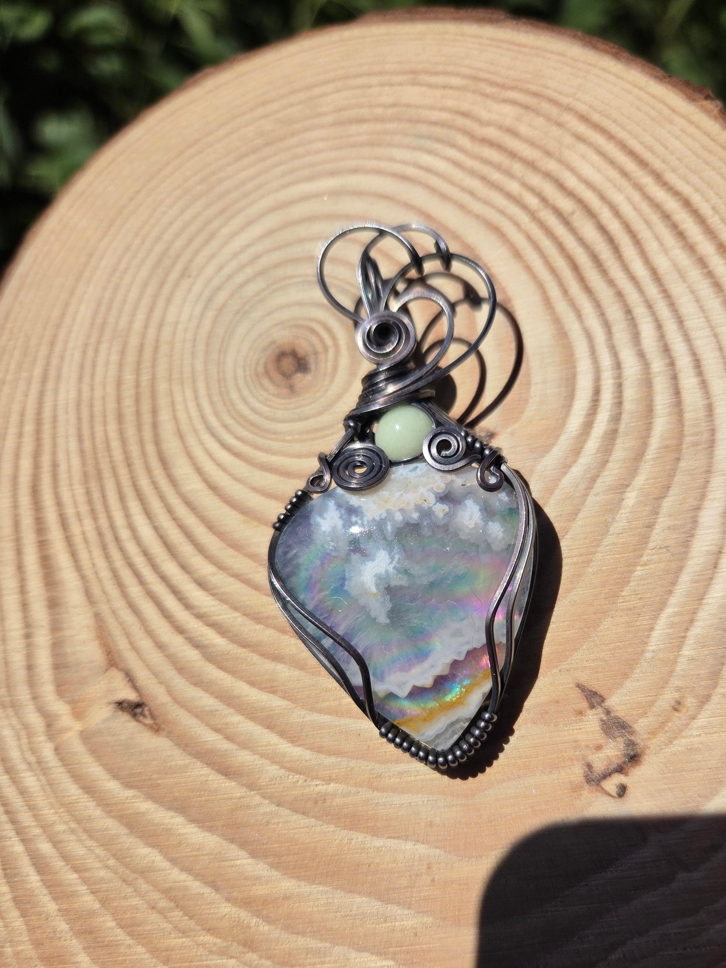 Plume Agate/ Rainbow Aurora Opal Doublet Pendant