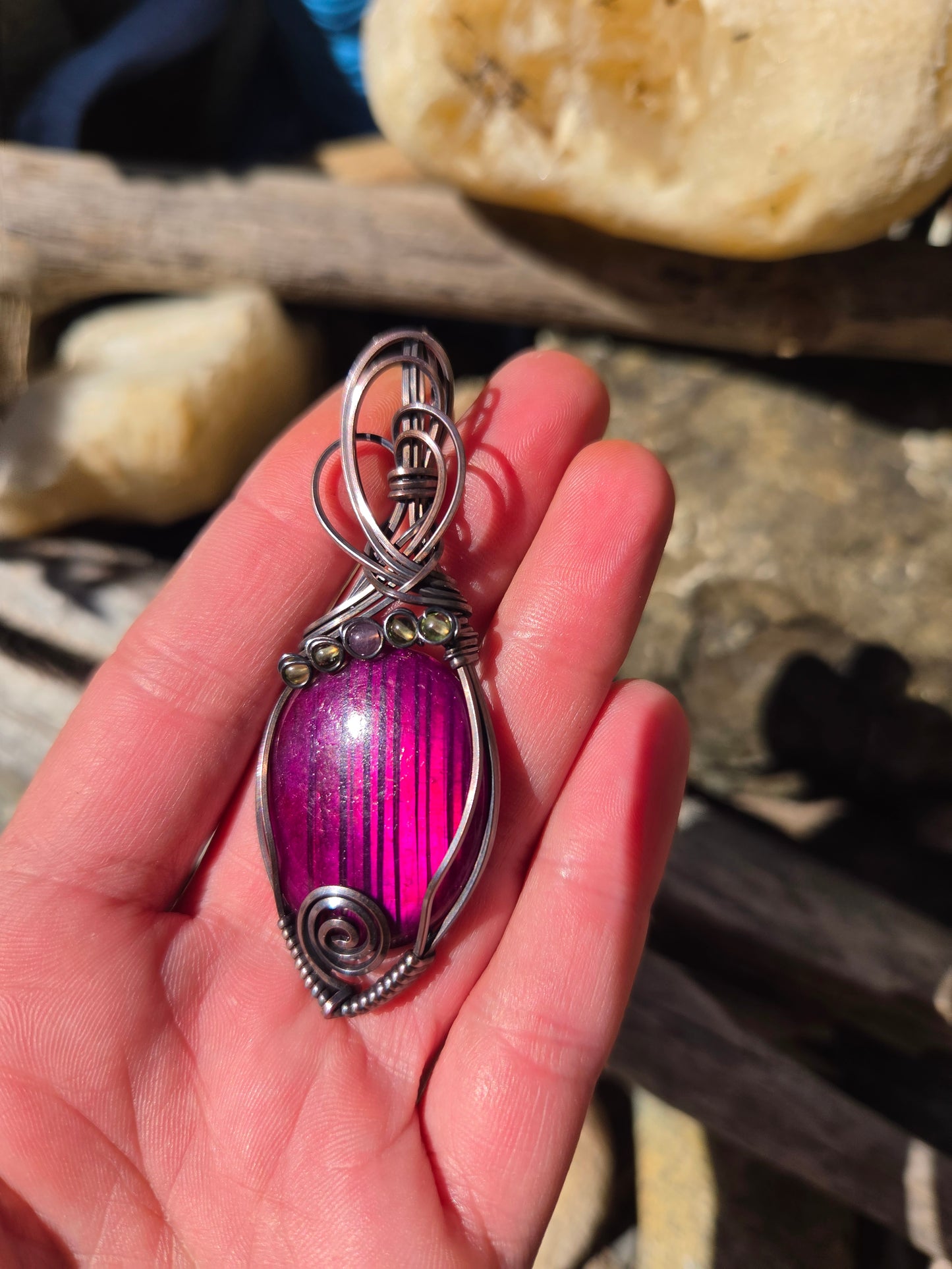 Magenta Enhanced Labradorite w/ Peridot &  Amethyst Accents