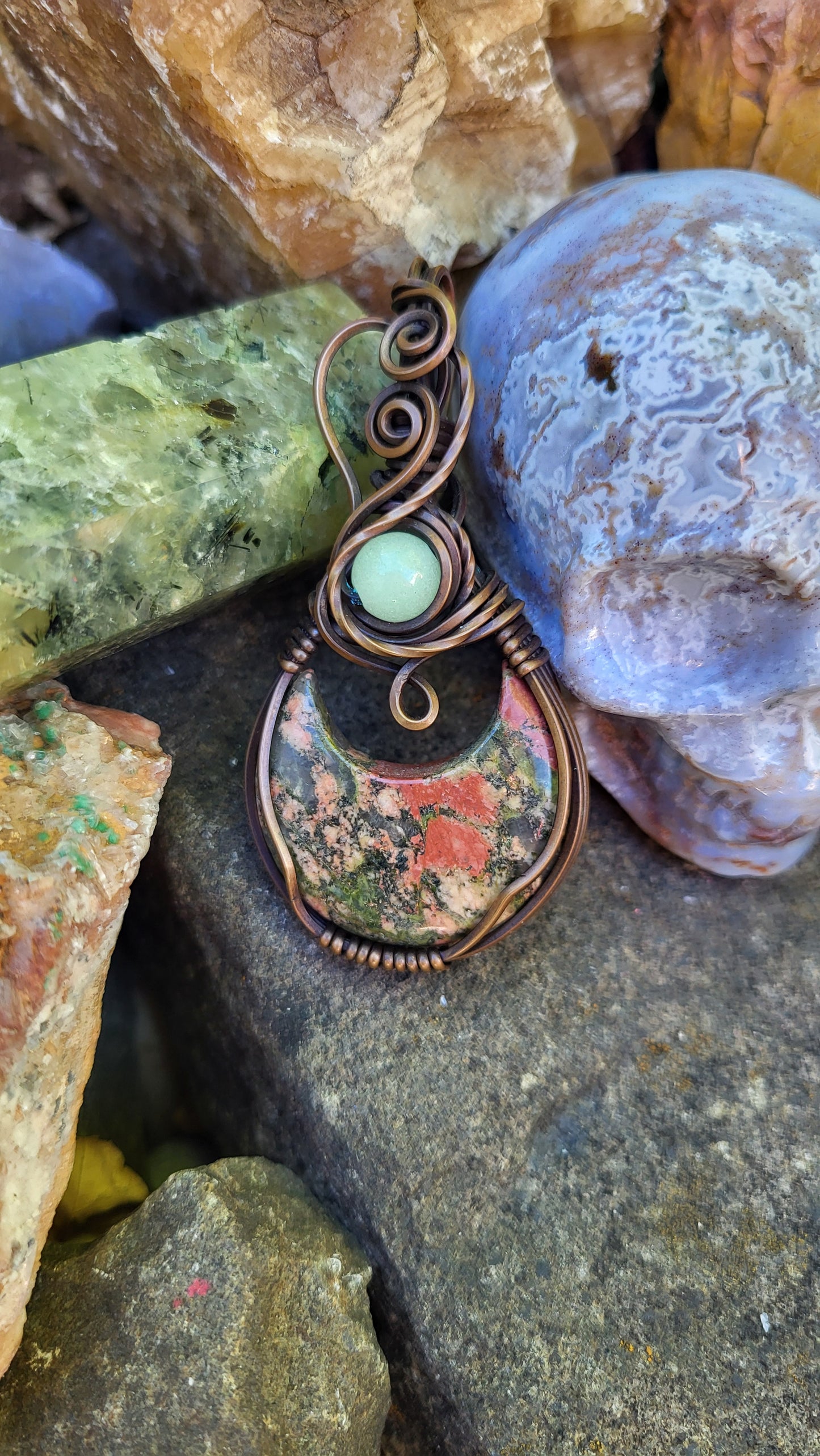 Unakite Jasper Crescent Moon w/ Green Glow Stone Copper Wire Wrap Pendant