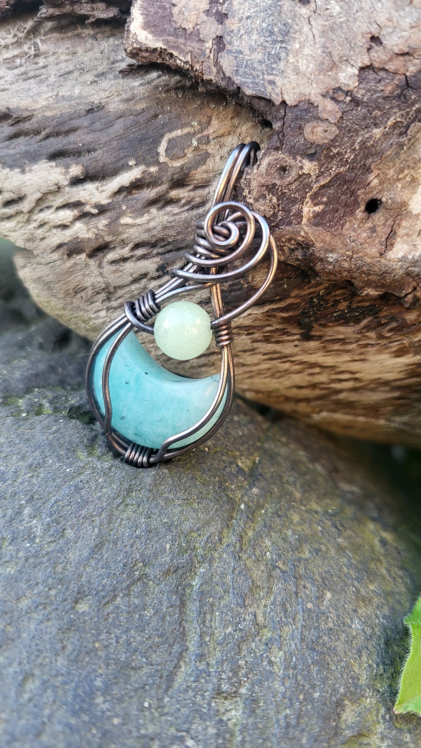 Amazonite Crescent Moon w/ Green Glow Stone Pendant Necklace