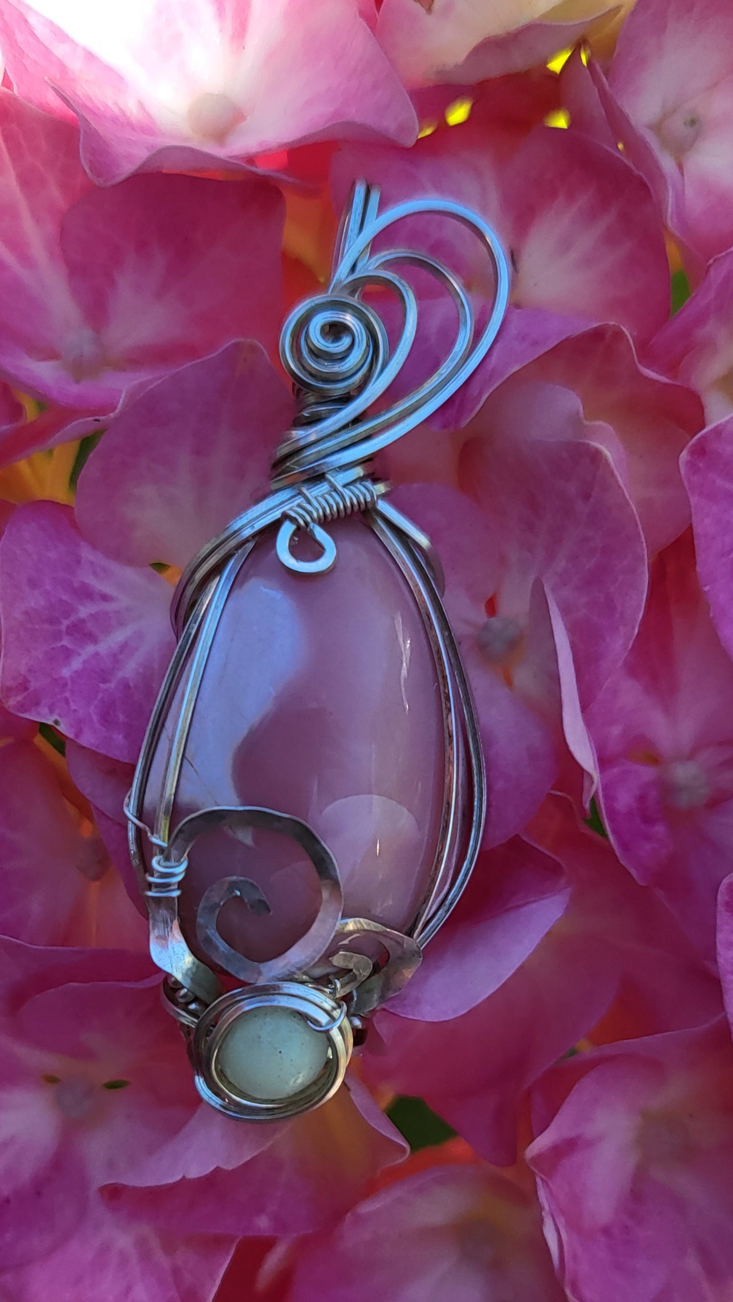 Oregon Pink Opal Glow Stone / .925 Sterling Silver Wire Wrap Pendant