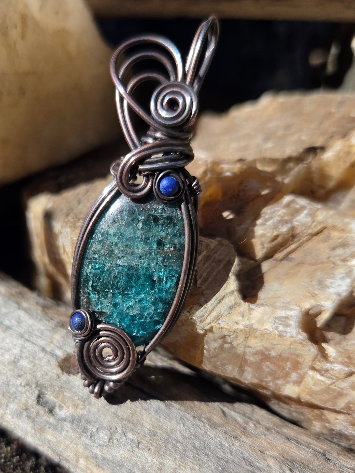 Blue Apatite Copper Wire Wrap Pendant with Lapis Lazuli Accents