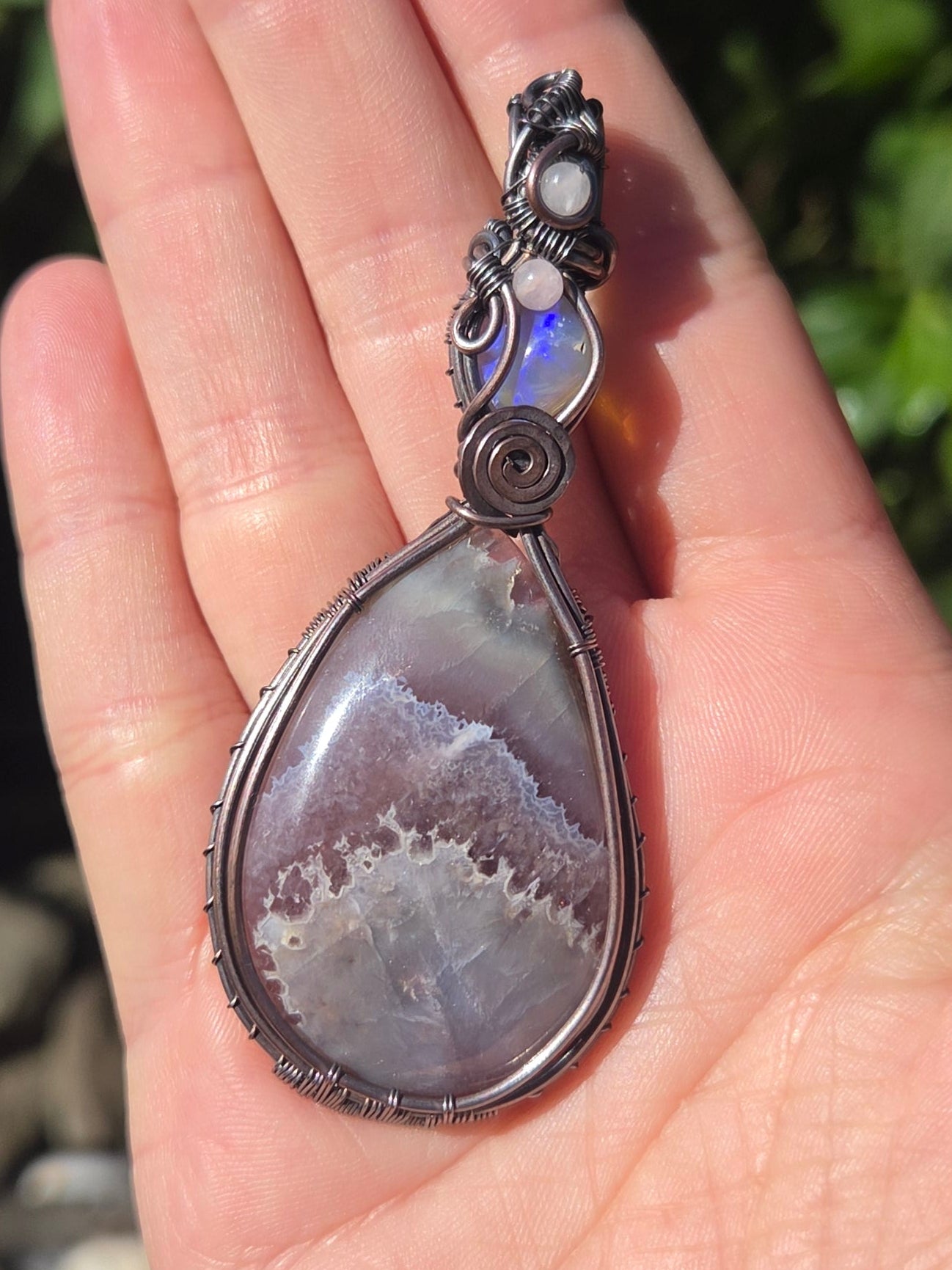 Amethyst Lace Cabochon with Blue Fire Opal and Rose Quartz Accents Pendant