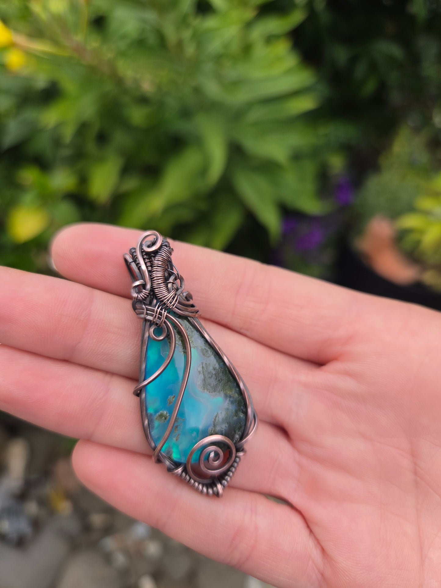 Moss Agate Aurora Opal Doublet Copper Pendant