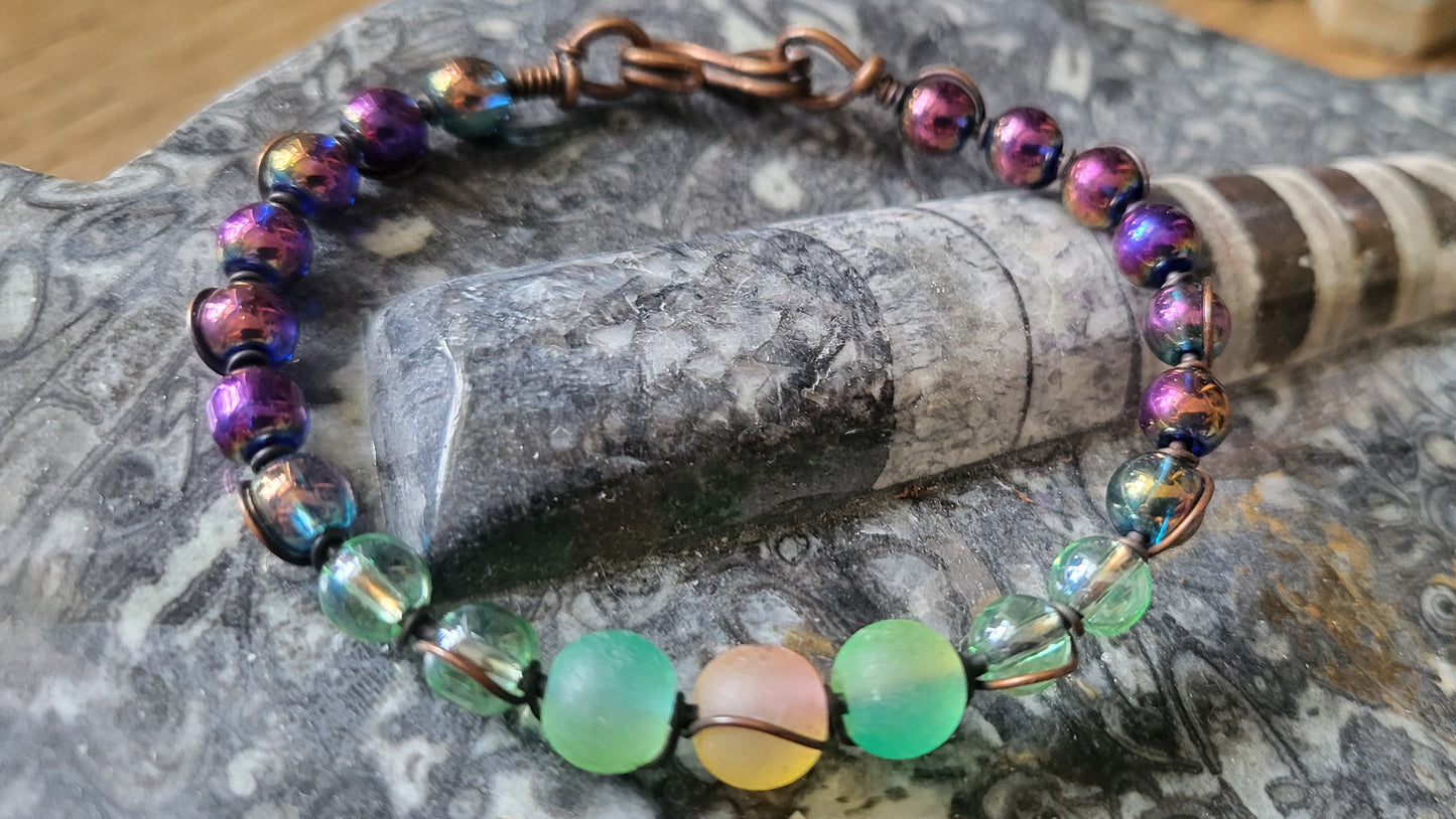 Copper Wire Wrap Stone Bead Bracelet Sz 6.25
