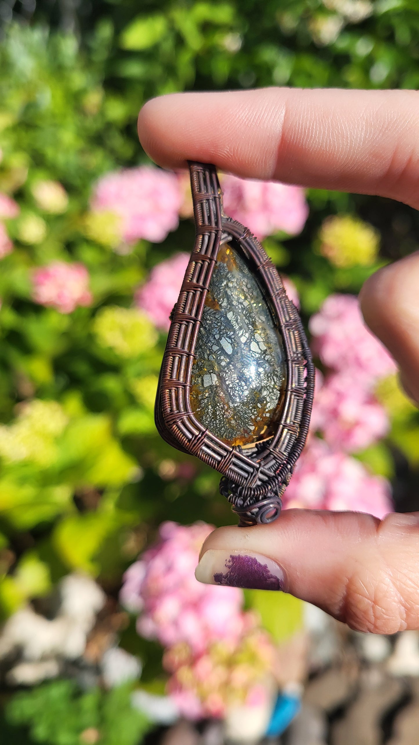 Copper Wire Wrap Marcasite Stone Pendant