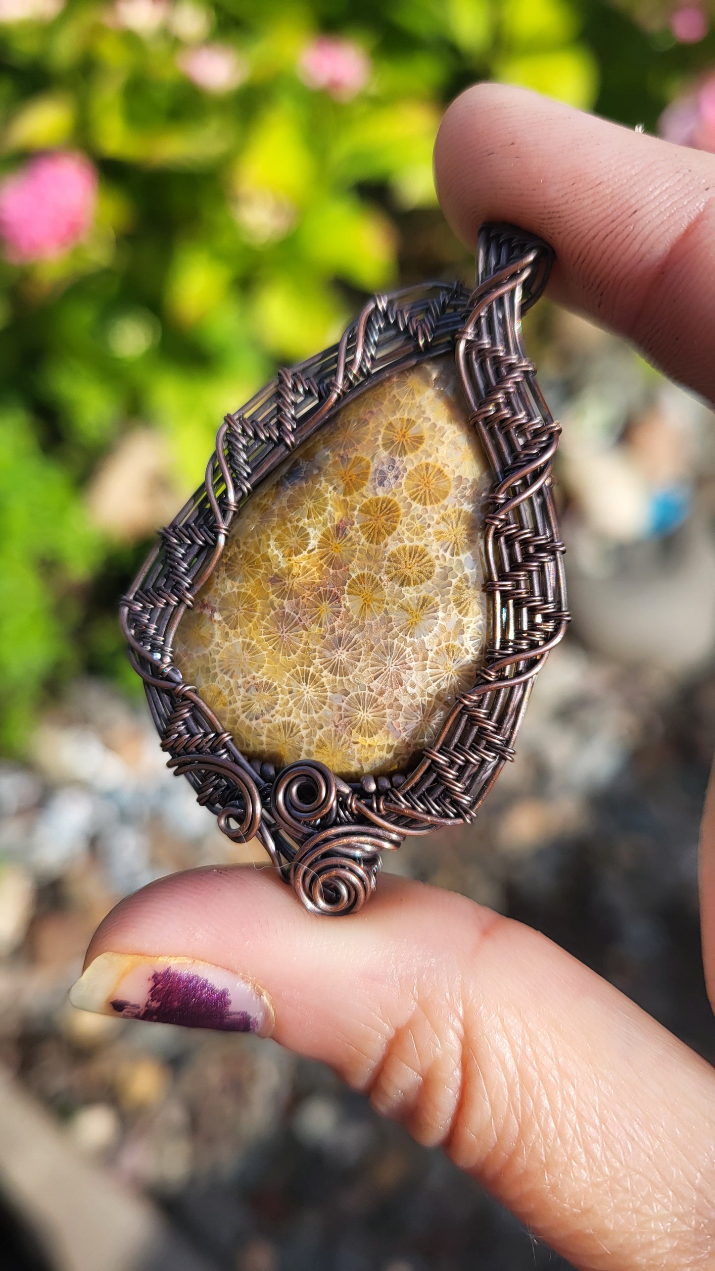 Chrysanthemum Coral Fossil Copper Wire Wrap Pendant