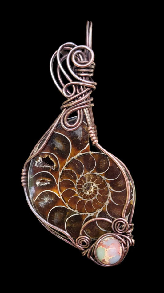 Ammonite Fossil w Shoushan Stone Accent Copper Wire Wrap Pendant