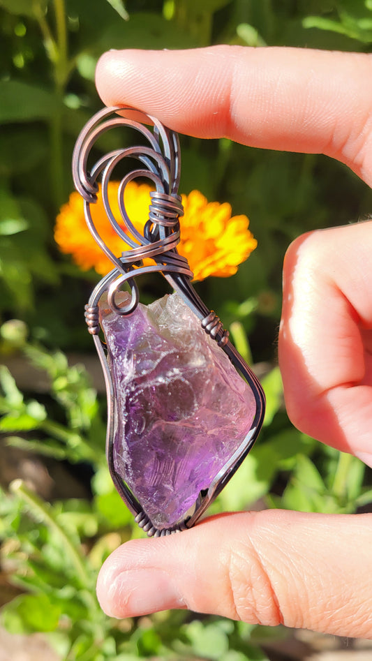 Natural Amethyst Crystal Copper Wire Wrap Pendant