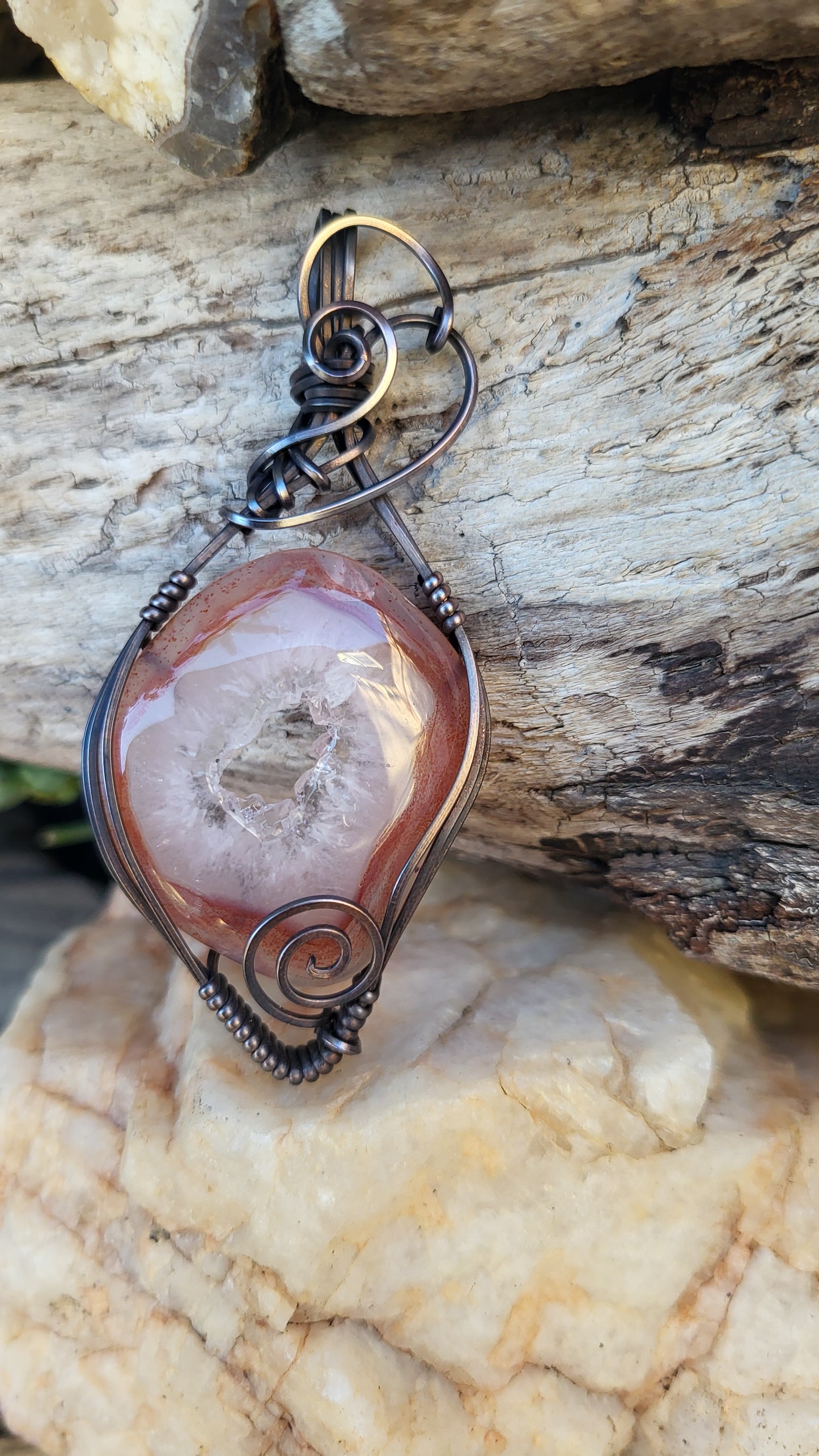 Malawi Agate w/ Druzy Copper Wire Wrap Pendant