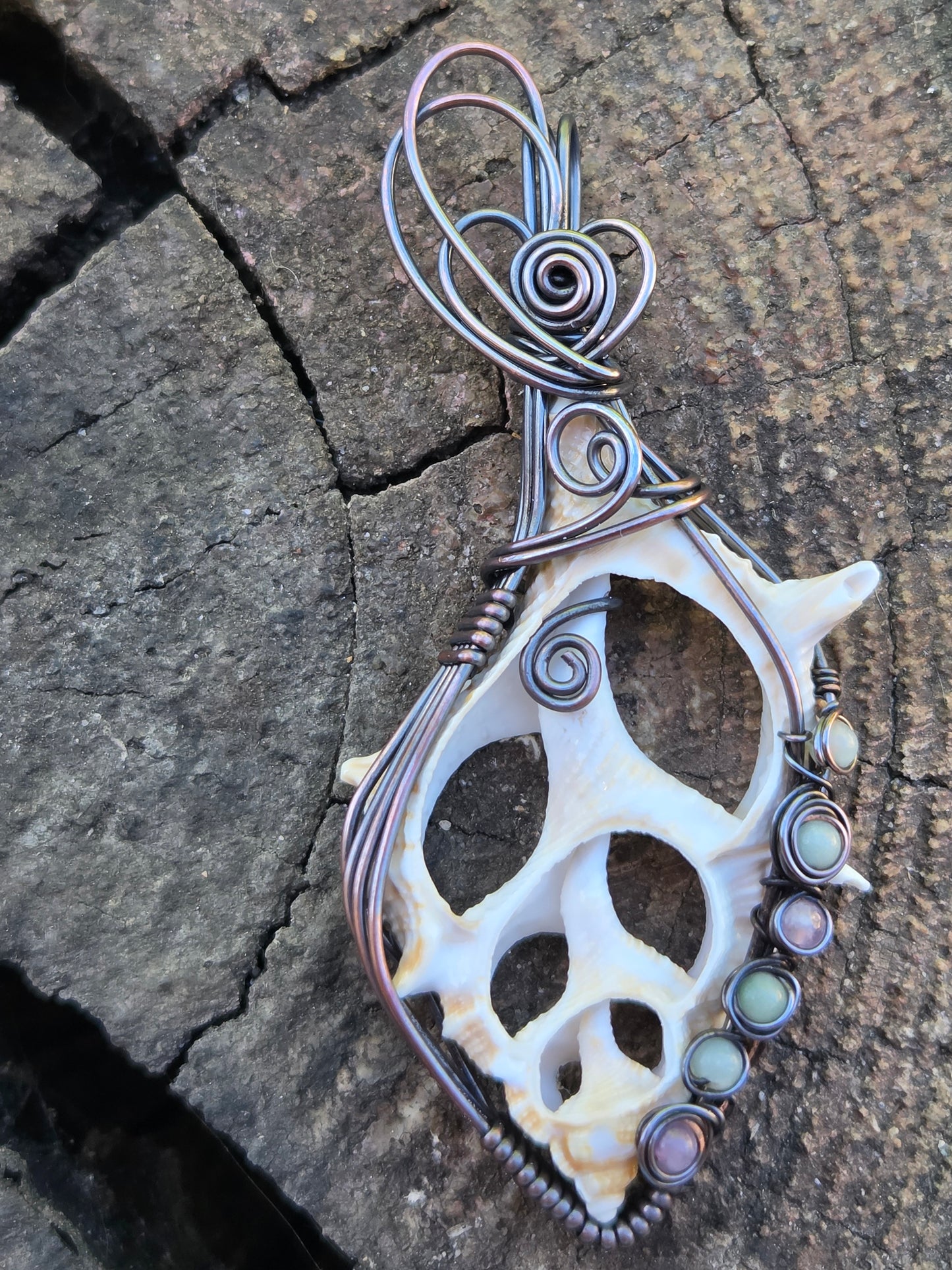 Center Cut Seashell Copper Pendant with Amethyst and Amazonite Accents