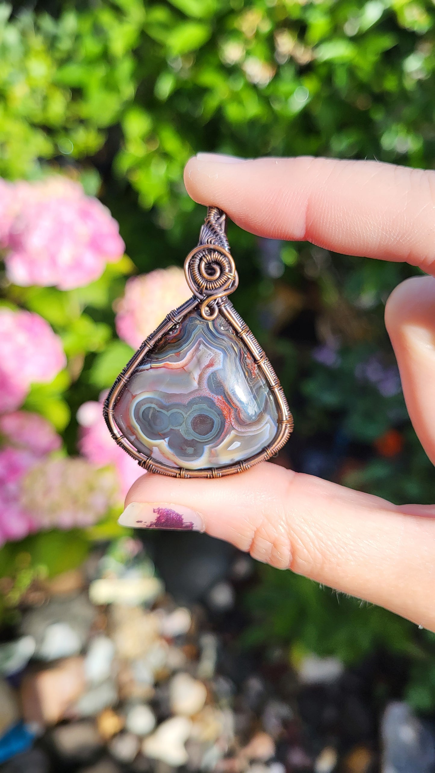 Blue Laguna Lace Agate Copper Wire Wrapped Pendant