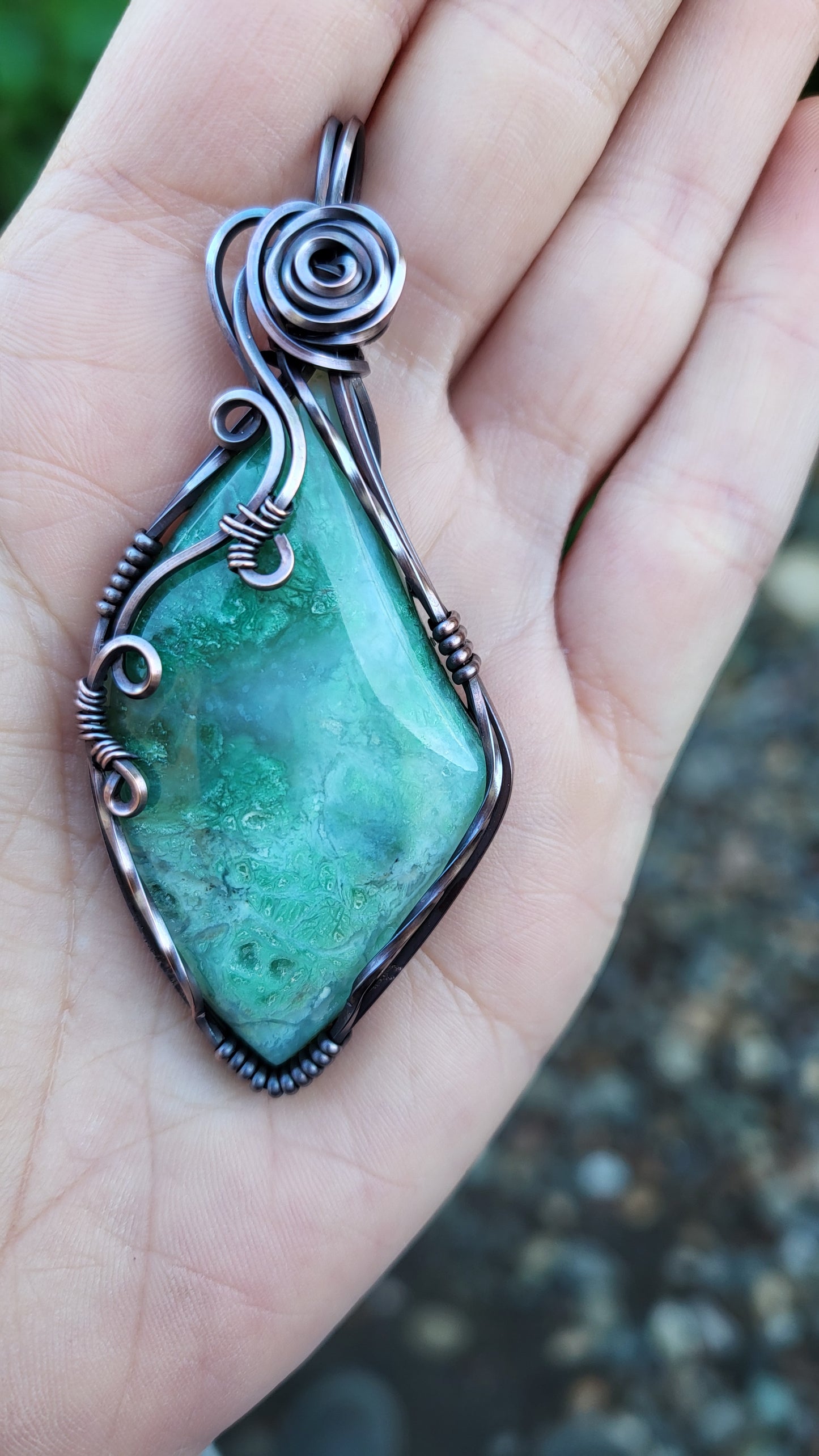 Green Chalcedony Copper Wire Wrap Pendant