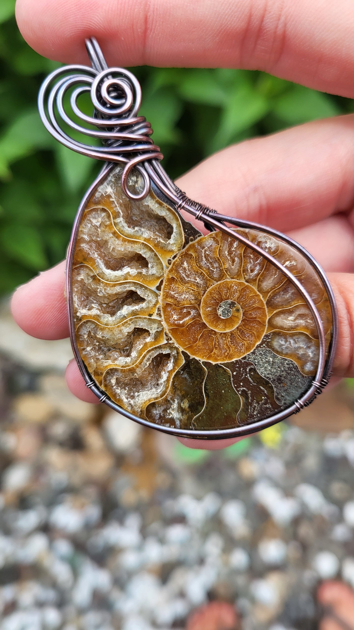 Ammonite Fossil w/ Druzy Crystals Copper Wire Wrap Pendant