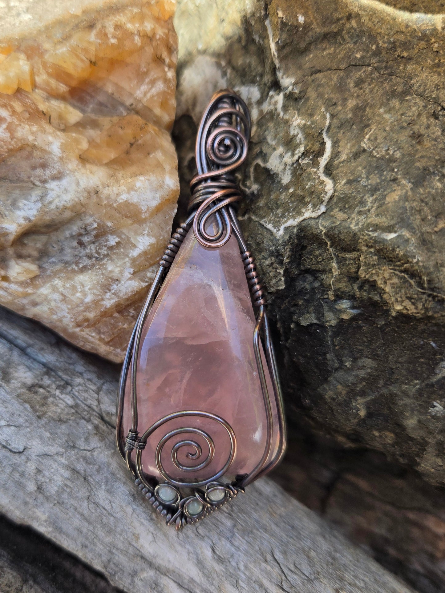 Rose Quartz Cabochon Copper Wire Wrap Pendant W/ Amazonite Accents