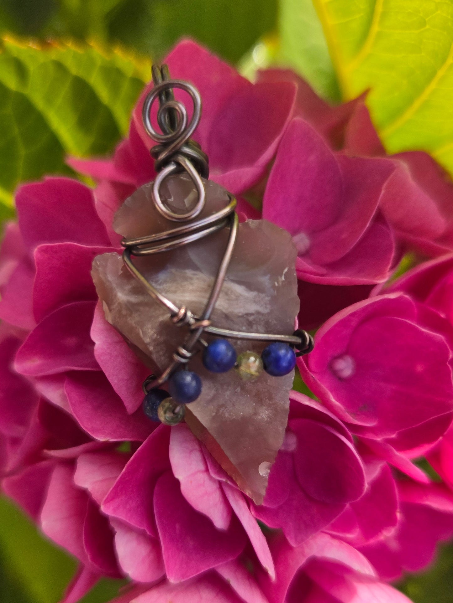 Agate Arrowhead Pendant w/ Lapis Lazuli And Peridot Accents