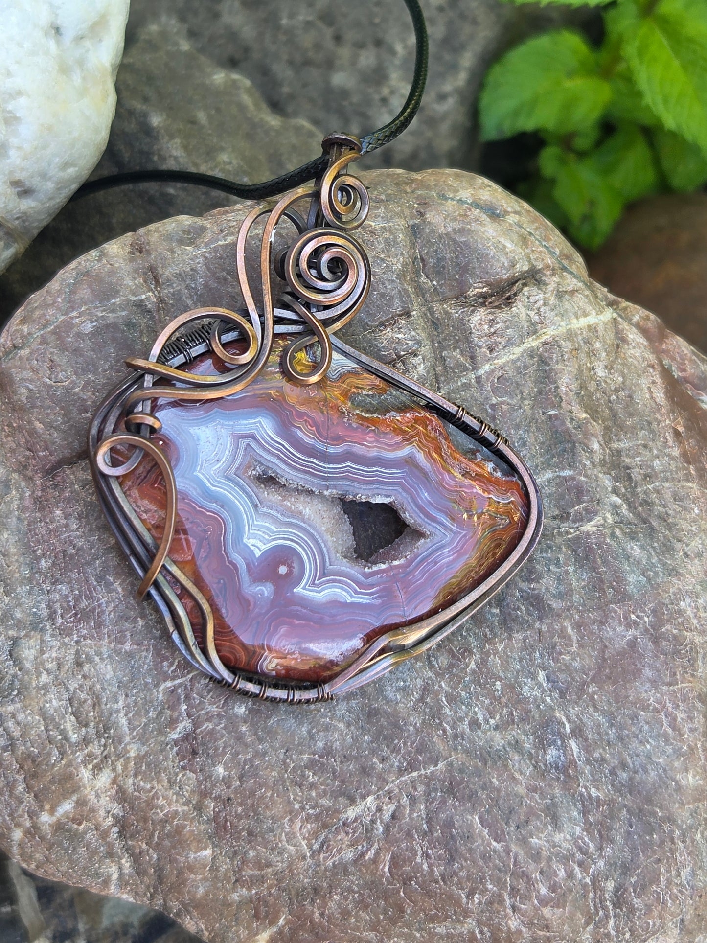 Crazy Lace Agate W/ Druzy Copper Wire Wrap Pendant