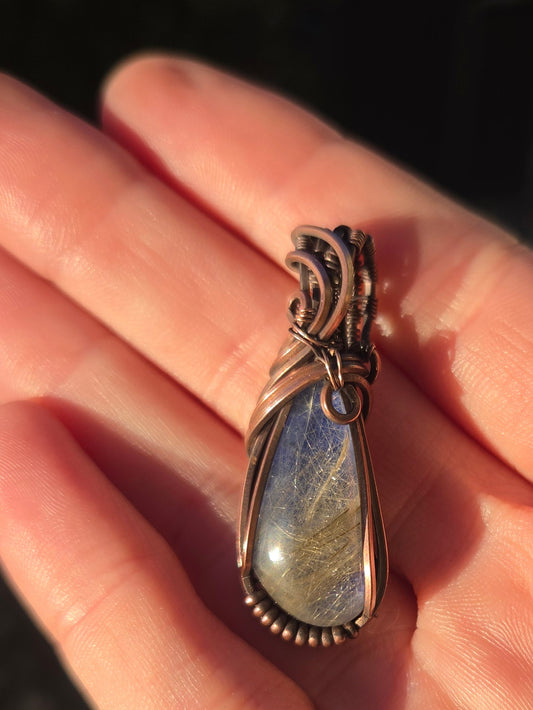 Golden Rutile / Lapis Lazuli Doublet Copper Pendant
