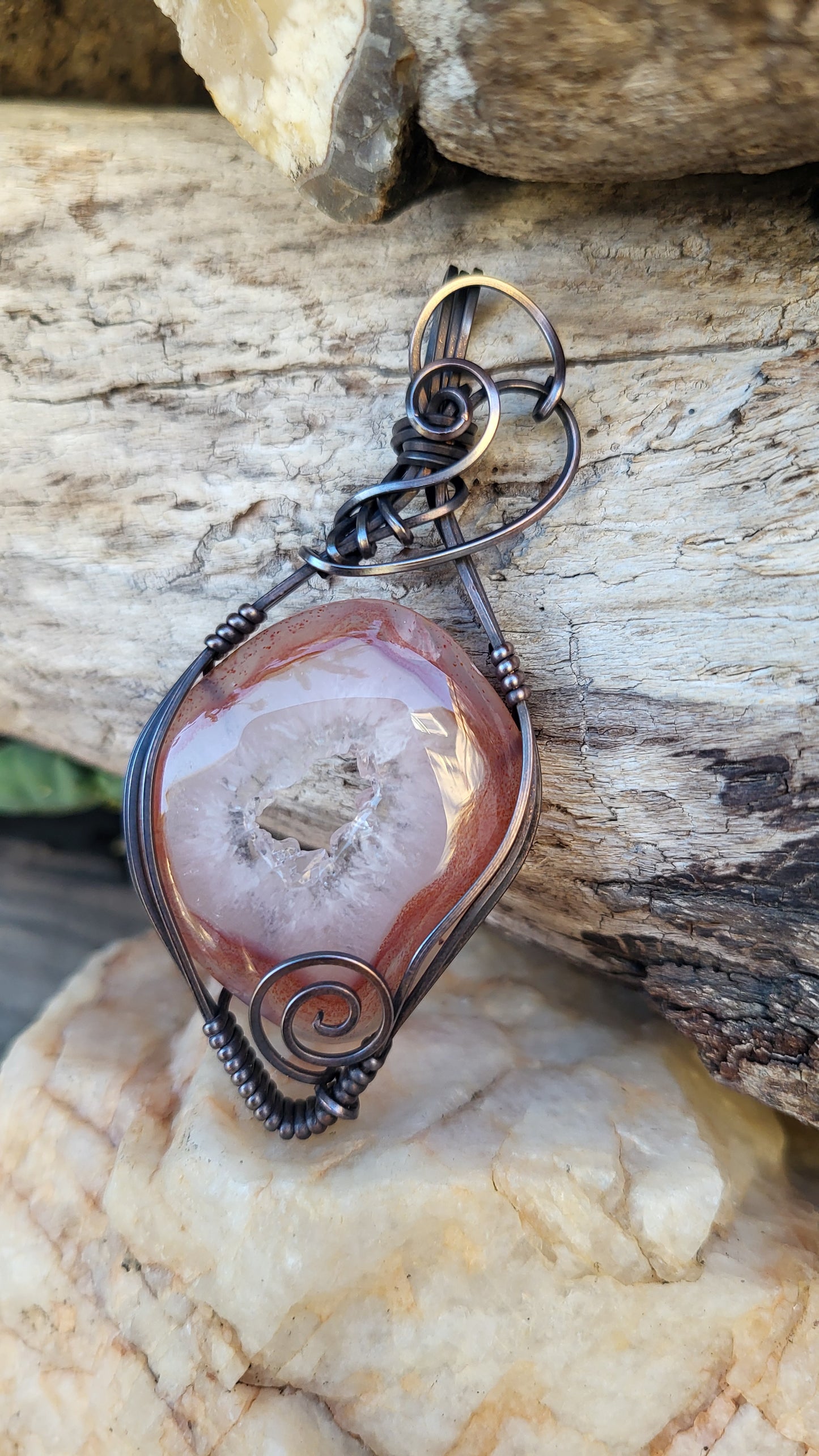 Malawi Agate w/ Druzy Copper Wire Wrap Pendant