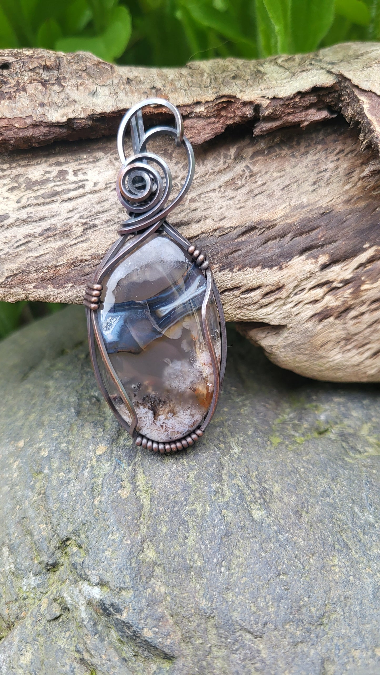 Volcano Agate UV Reactive Oxidized Copper Wire Wrap Pendant