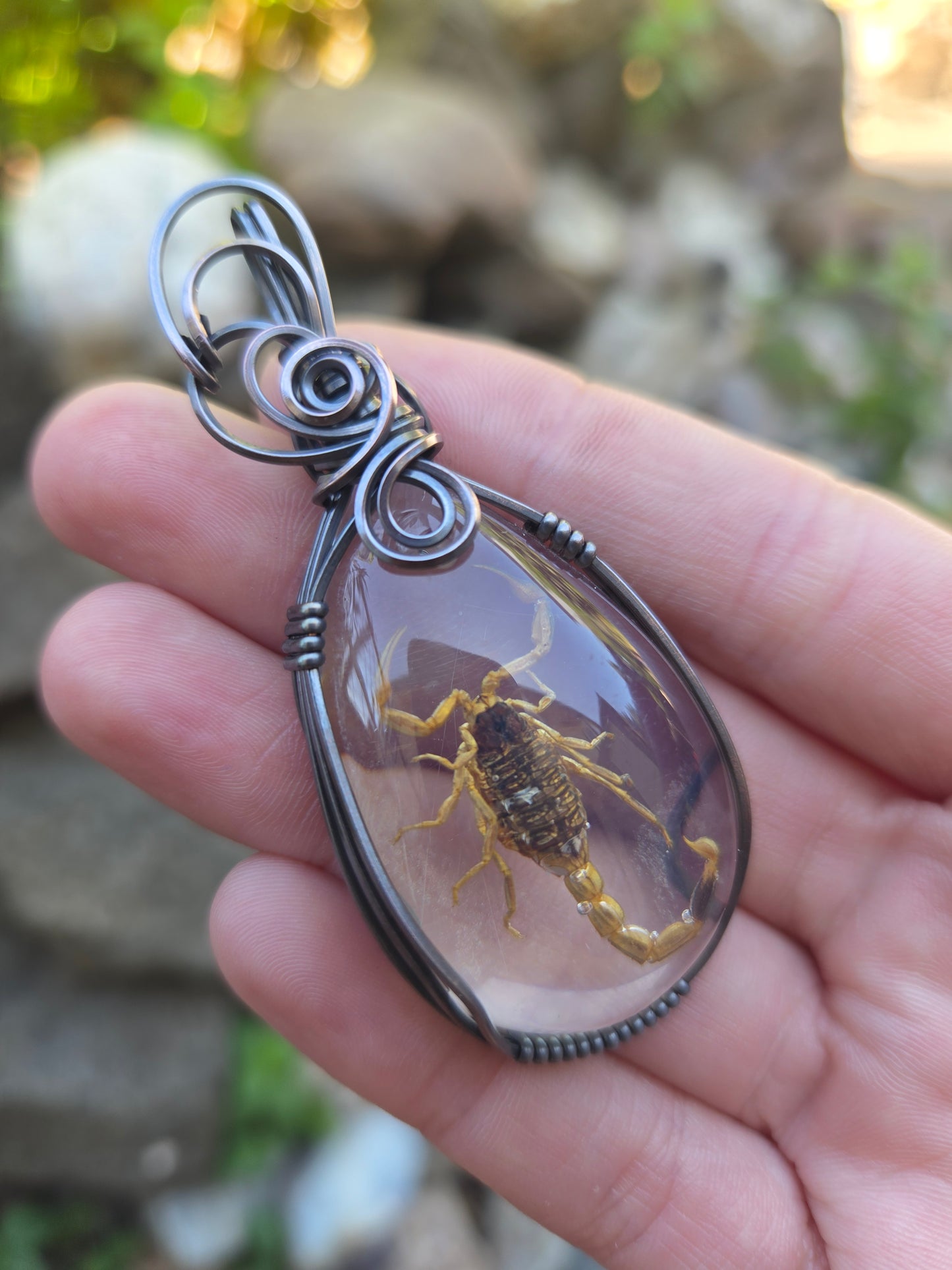 Handcrafted Oxidized Copper Wire Wrap Pendant w/ Resin Scorpion Cabochon