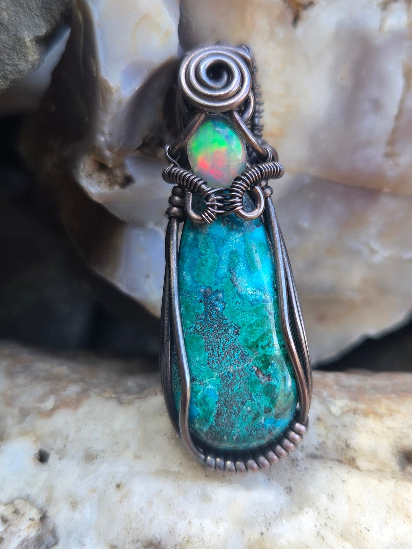 Chrysocolla/Malachite Copper Wire Wrap Pendant with Opal Accent
