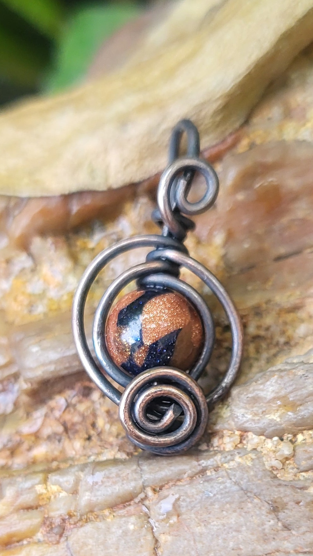 Blue Goldstone & Goldstone Matrix Copper Wire Wrap Pendant