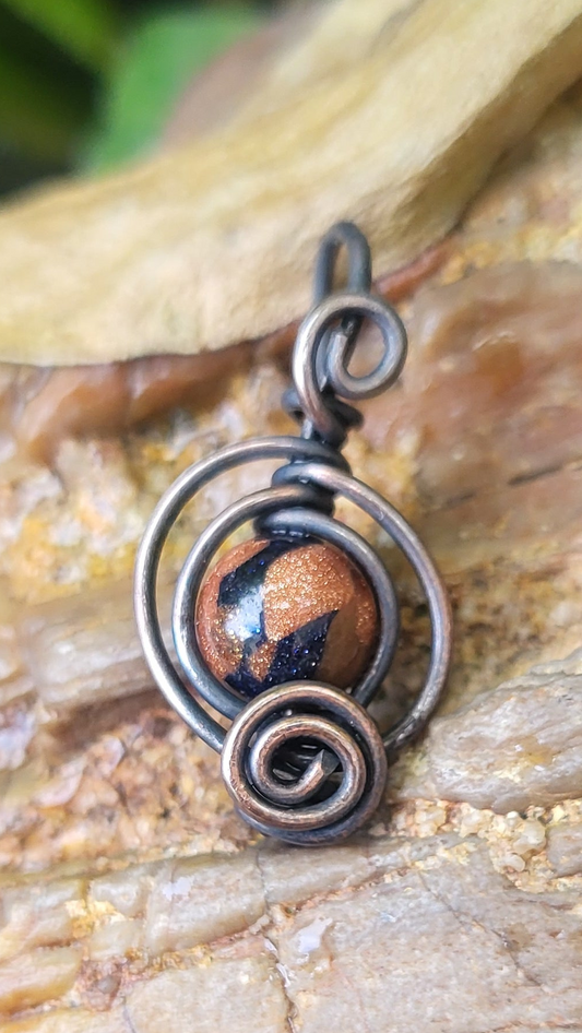 Blue Goldstone & Goldstone Matrix Copper Wire Wrap Pendant