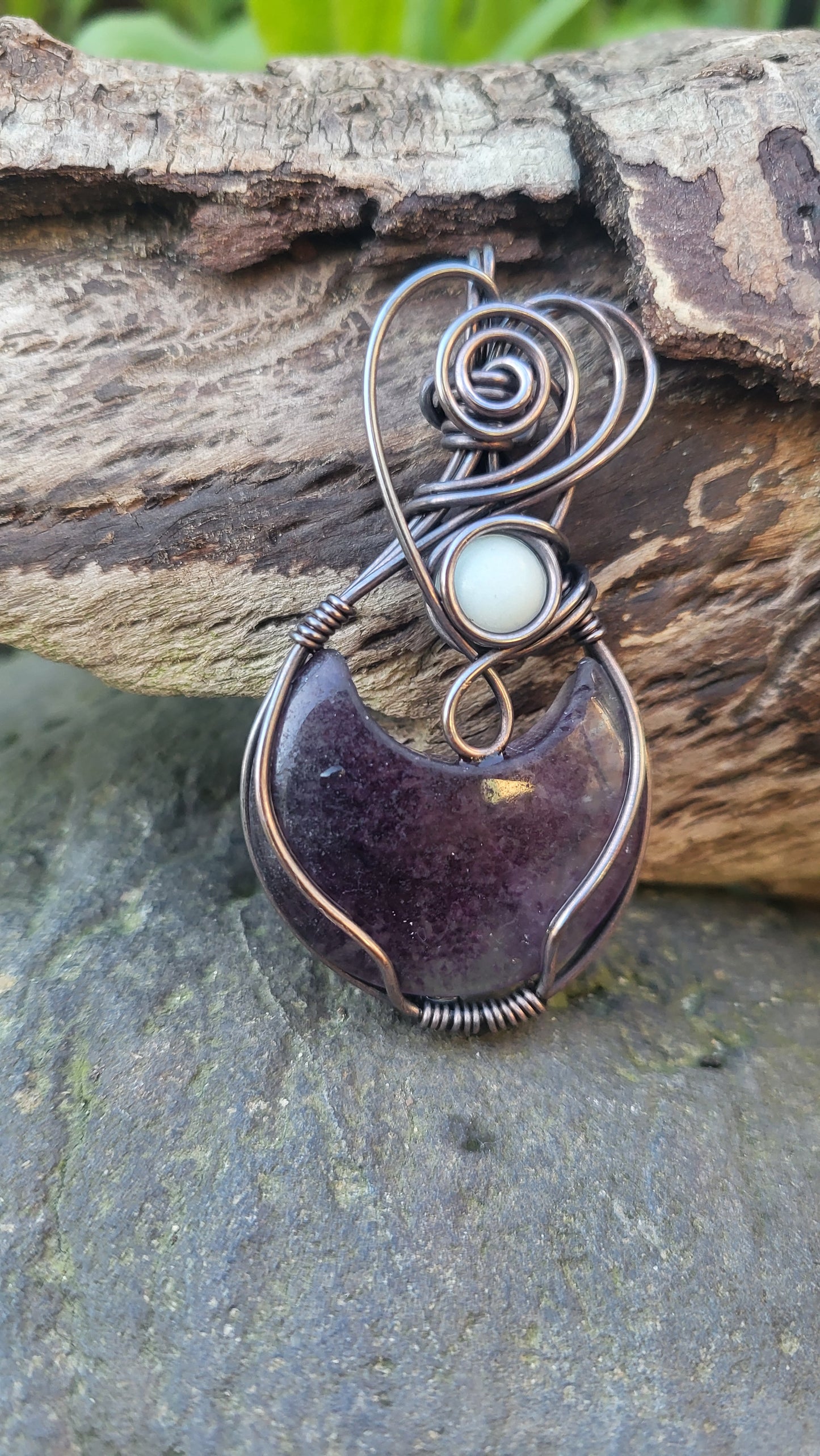 Fluorite Moon Pendant w/ Blue Glow Stone
