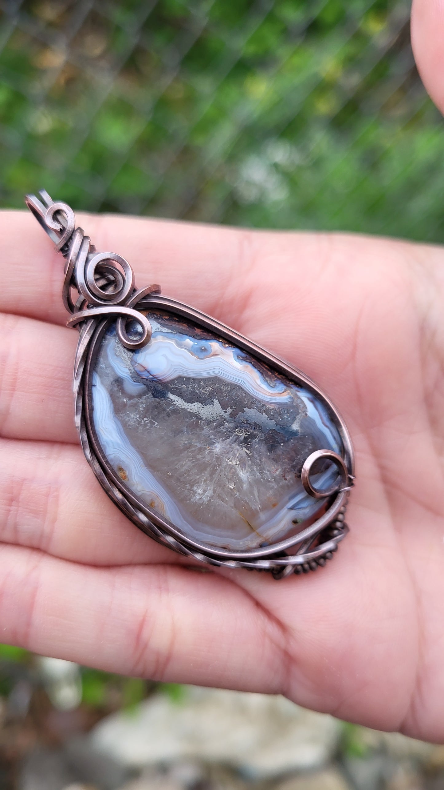 Iron Cactus Agate w Hematite Inclusion Oxidized Copper Wire Wrap Pendant