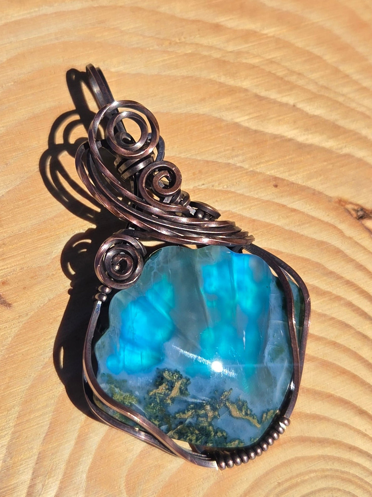 Moss Agate Seashell Aurora Opal Doublet Pendant