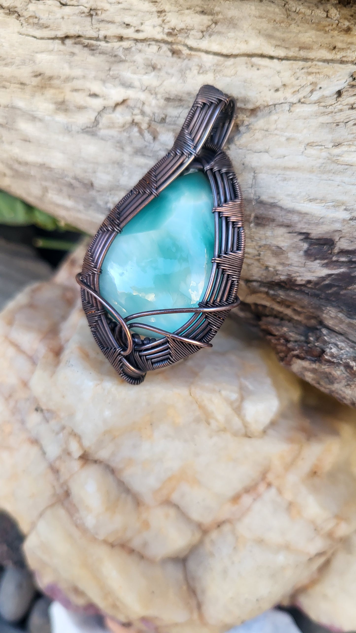 Hemimorphite Cabochon Copper Wire Wrap Pendant