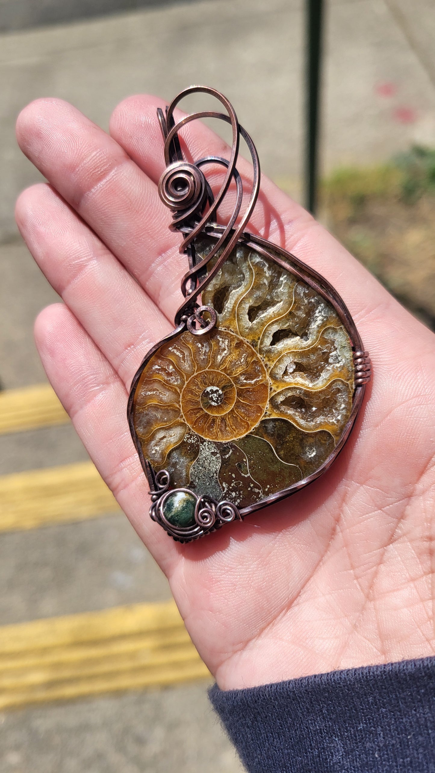 Ammonite Fossil w/ Moss Agate Accent Copper Wire Wrap Pendant