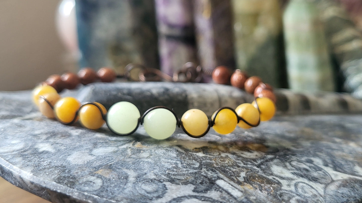 Copper Wire Wrap Stone Bead Bracelet Sz 6.5